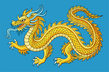 Fototapeta premium Traditional Chinese dragon statue and illustration pattern with golden oriental design and ancient symbol art on a wall for Asia culture mythology