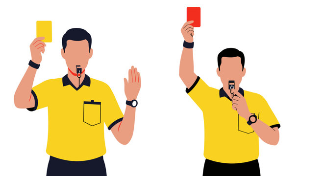 A referee signals a foul with a yellow and red card, indicating a penalty or ejection, in a vector illustration suitable for sports-themed designs.