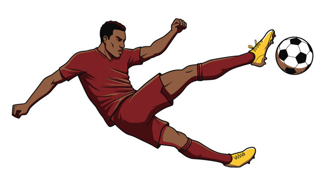 Dynamic vector illustration of a male football player in a red jersey executing a powerful kick against a clean white background, ideal for sports designs.