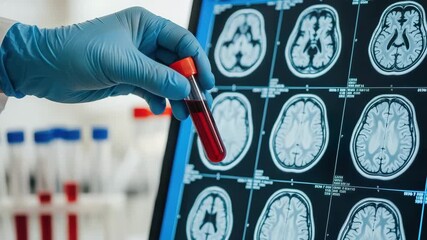 Medical professional holding blood sample next to brain mri scans in laboratory setting - Powered by Adobe