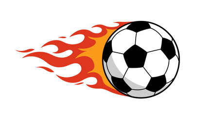 Fototapeta premium A dynamic illustration features a classic black and white football with a vibrant orange and red flame trail, symbolizing speed and intense action.