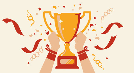 Celebrating victory with a golden trophy, hands raised high, confetti falling, a vector illustration perfect for sports achievements and success stories.