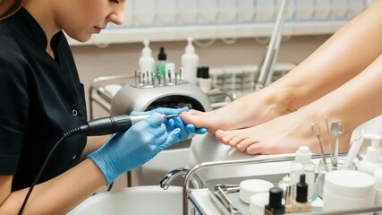 Pedicurist in blue gloves using an electric file to perform a pedicure on a clients foot