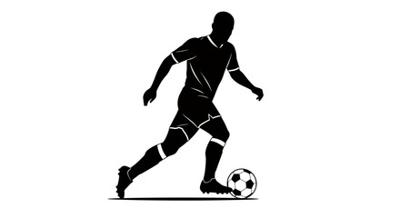 Fototapeta premium Silhouette of a male football player dribbling a ball with skill and speed, depicted in a dynamic vector graphic on a white background.
