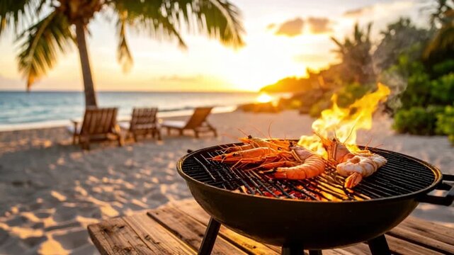 Barbecue or grill on a tropical beach at sunset, seafood being cooked.