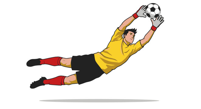 Dynamic vector illustration of a determined soccer goalkeeper diving to catch the ball, capturing athletic action and competitive spirit in a clean PNG format.