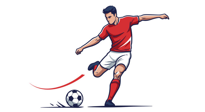 A vibrant vector illustration portrays a male soccer player in a red uniform powerfully kicking a black and white football, isolated on a clean white background.