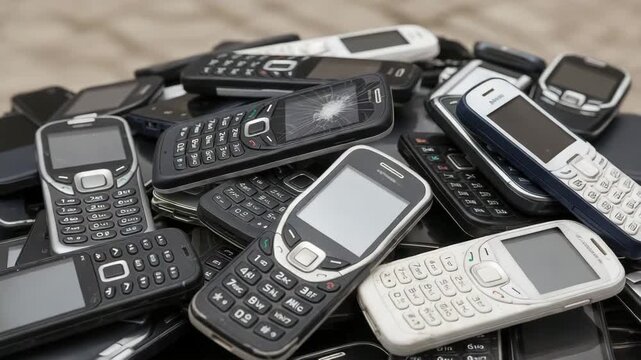 Pile of old mobile phones, some with cracked screens, representing obsolete technology and ewaste