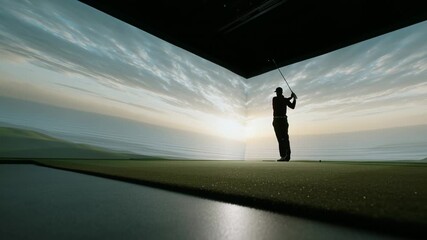Focused golfer silhouette perfects powerful swing using modern indoor virtual reality sport simulator with sunset landscape for pro training - Powered by Adobe