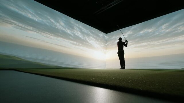 Focused golfer silhouette perfects powerful swing using modern indoor virtual reality sport simulator with sunset landscape for pro training