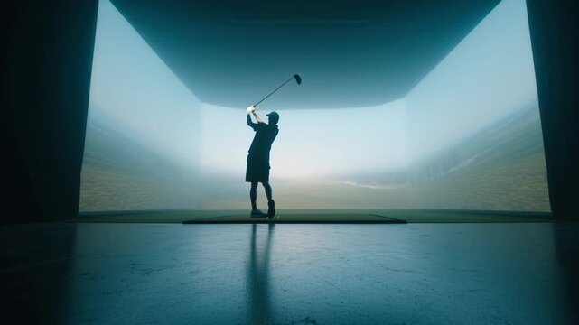 Focused golfer silhouette perfecting powerful swing inside modern indoor virtual golf simulation with advanced realistic sport technology