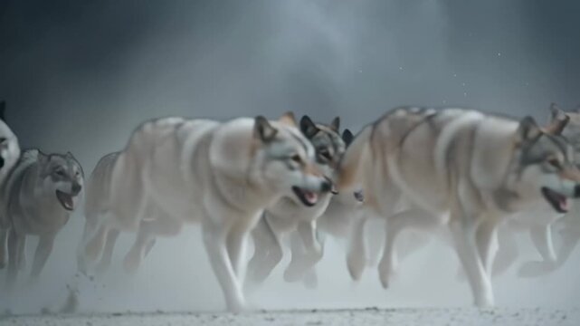 Wild wolf pack running with determined unity through fierce winter storm. Powerful animal group in motion across dark snowy landscape