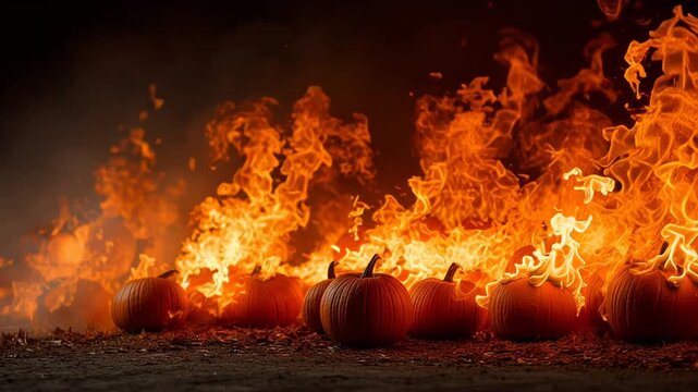 Intense, powerful fire engulfs row of Halloween pumpkin as chaotic orange flame creates dark horror scene, vision of pure burning heat