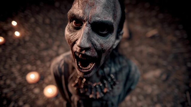 Scary zombie creature with terrifying screaming face emerging from dark. moment of pure horror with an undead monster looking up in agony