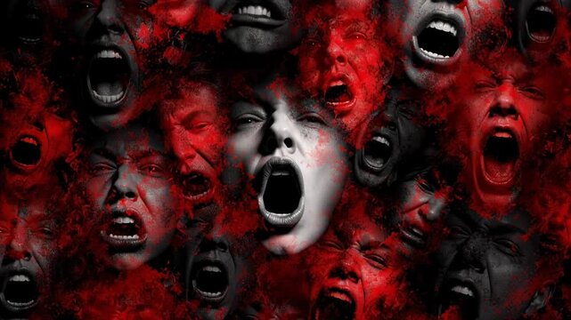 Scary horror face of screaming woman consumed by evil rage and anger. chaotic nightmare collage of many faces in deep torment and fear