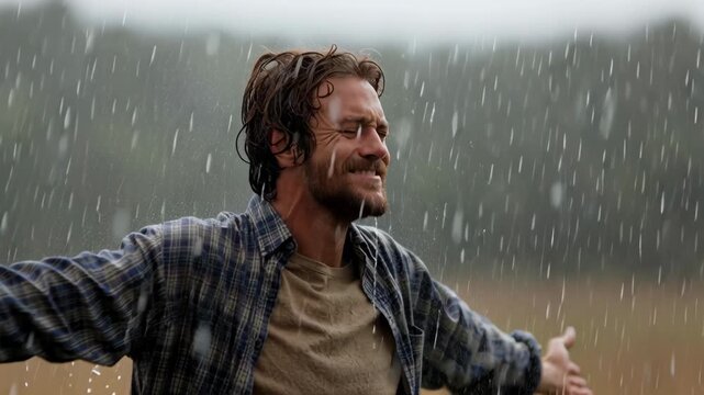 Joyful man embracing freedom in rain outdoors. happy person feeling alive with arms outstretched, connecting with nature and pure bliss