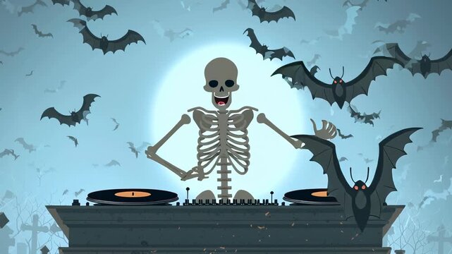 Spooky skeleton DJ Halloween party in graveyard at night. Fun undead character playing creepy music on turntable under full moon