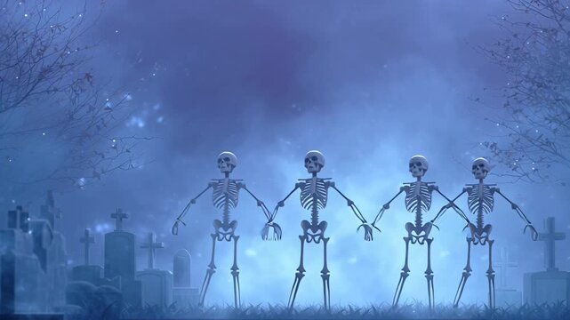 Funny spooky dancing skeleton group in foggy cemetery at night. macabre and surreal animation for mysterious Halloween celebration