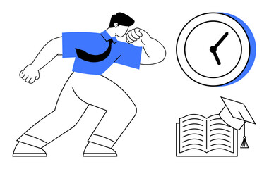 Confident professional moving forward beside a clock, book, and graduation cap. Ideal for education, personal growth, career planning, time management, academic achievement, potential simple flat