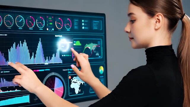  Woman Analyzing Data on Interactive Digital Dashboard
