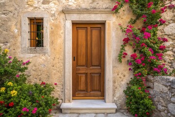 Old Greek door in retro style, set within a weathered stone wall, adorned with vibrant flower plants