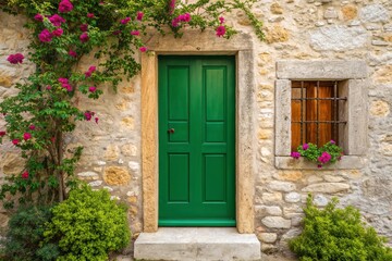 Naklejka premium Old Greek door in retro style, set within a weathered stone wall, adorned with vibrant flower plants