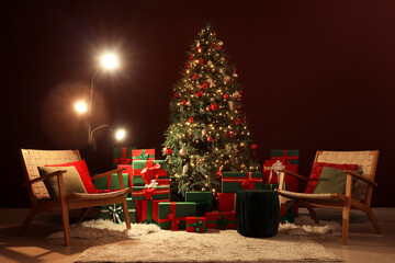 Interior of dark room with glowing Christmas tree, presents and armchairs