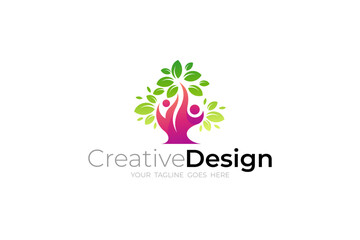 Family care logo with tree design vector, 3d colorful logos