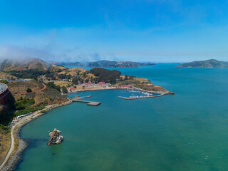 Fototapeta premium Horseshoe Bay and Presidio Yacht Club aerial view at San Francisco Bay in Marin County, California CA, USA. 