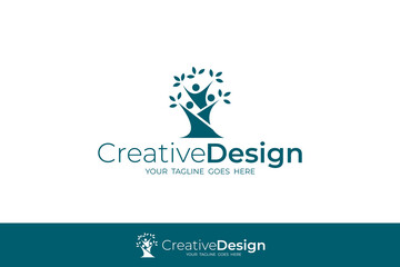 logo of several people gathered and forming a tree, blue color