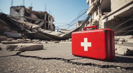 First Aid Kit on Cracked Asphalt Amidst Earthquake Damaged Buildings, Hope and Support