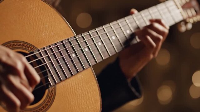 Close up hands playing acoustic guitar musical instrument warm lighting background