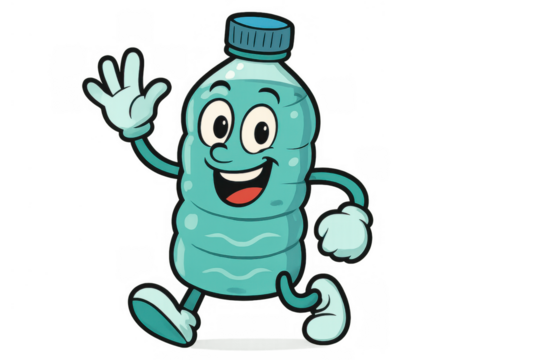 Water bottle mascot character waving hello, cartoon smiling and walking for hydration concept