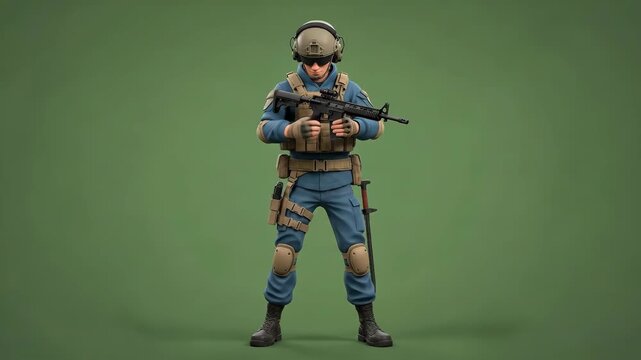 3D Rendered Tactical Soldier Character Standing with Assault Rifle on Green Background.
