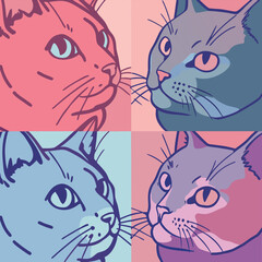 Modern Pop Art Cat Portraits with Split Pink and Blue Colors