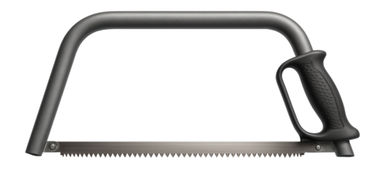 Tubular steel frame bow saw, ideal for outdoor log cutting.