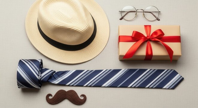 Father's day gift idea flat lay featuring hat tie mustache and present illustration - Powered by Adobe