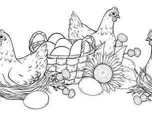 Hand drawn seamless ink line art border with hens on nests with eggs and sunflowers in rustic countryside farm style. Ideal for packaging textiles coloring pages wrapping and vintage food branding.