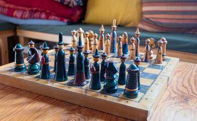 a Kyrgyzstan nomadic style of chessboard at display room in guest house of Bishkek. 