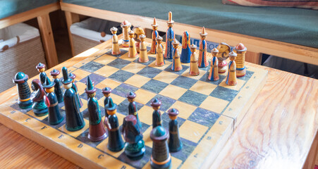 a Kyrgyzstan nomadic style of chessboard at display room in guest house of Bishkek. 