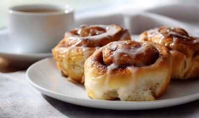 cinnamon rolls on a breakfast table with coffee
