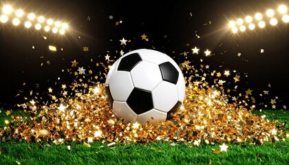 Naklejka premium Soccer Ball on Gold Glitter, Spotlighted Stadium Field, Championship Victory サッカー優勝のイメージ、スタジアムの金色の紙吹雪に包まれたサッカーボール
