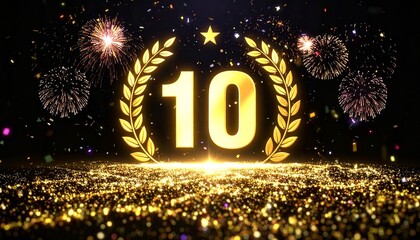 Golden 10th Anniversary Celebration Background with Fireworks and Glitter　黒背景に、ゴールドの10周年記念と花火の華やかな背景　デジタルイラスト