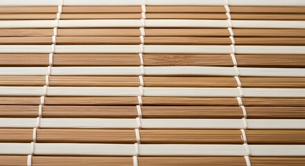 Macro shot of a bamboo mat arranged neatly in a linear horizontal pattern with neutral natural tones. The smooth texture of each strip gives a minimalist and elegant impression, emphasizing simplicity