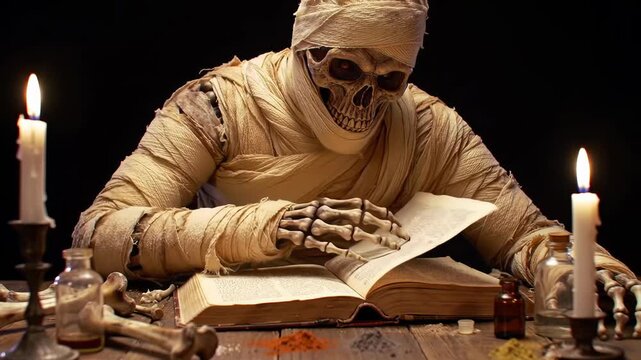 Ancient mummy reading grimoire book by candlelight in spooky setting with potion bottles and skeleton bones. halloween, ancient mystery, haunted house