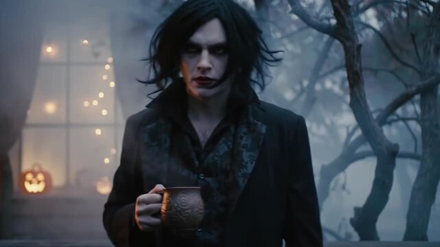 Gothic man with long black hair holding vintage cup in spooky forest near haunted house with Halloween lights and pumpkin decor in window. mysterious mood, vampire style