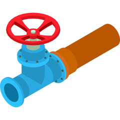 Red Handwheel On Blue Industrial Pipe Fitting With Brown Tube Section In Isometric View Against Transparent Background