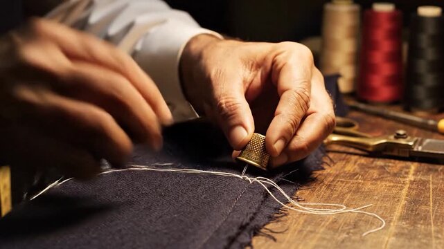 Close up view of artisan hands stitching fabric with needle and thimble crafting garment or textile