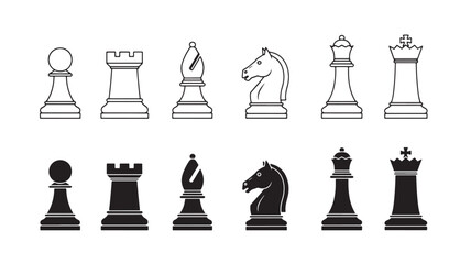 Black and white chess pieces illustration with simple design on transparent background silhouette