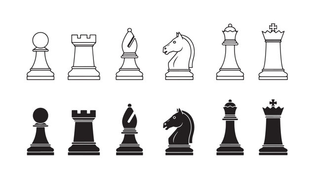 Black and white chess pieces illustration with simple design on transparent background silhouette